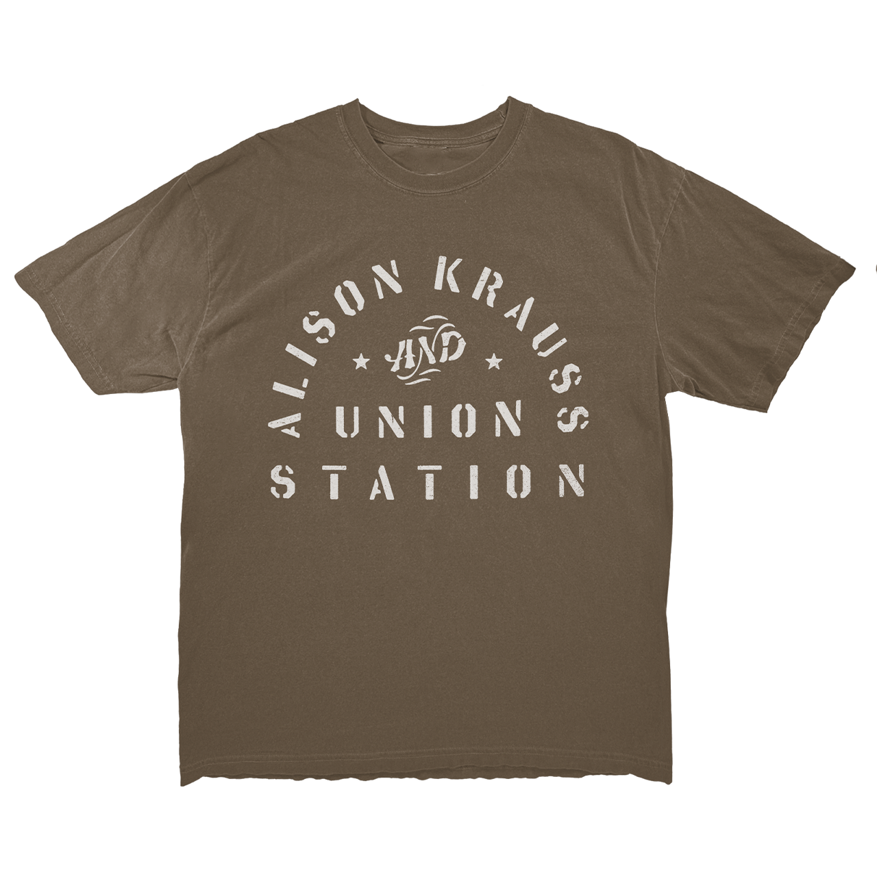 A brown t-shirt with the white arched text design 'Alison Krauss and Union Station' on the front.