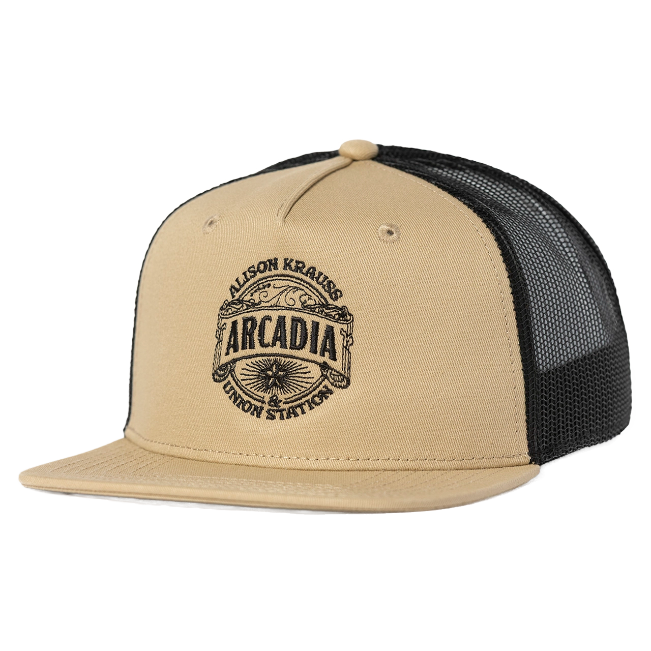 Tan and Black flat bill Arcadia hat